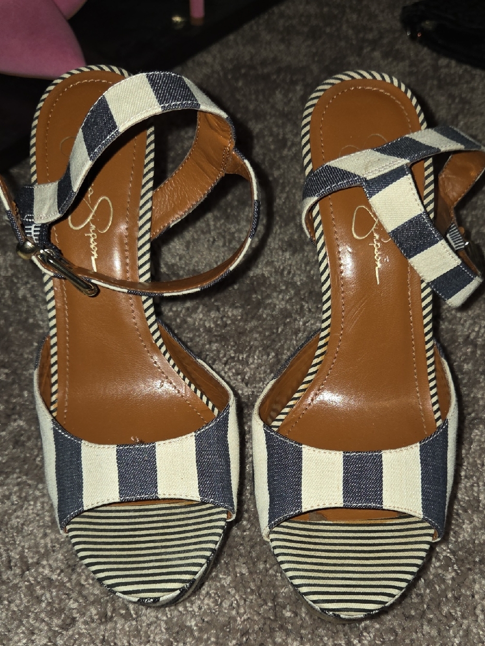 Jessica Simpaon Seychelles Navy and Cream Striped Ankle-Strap Sandals